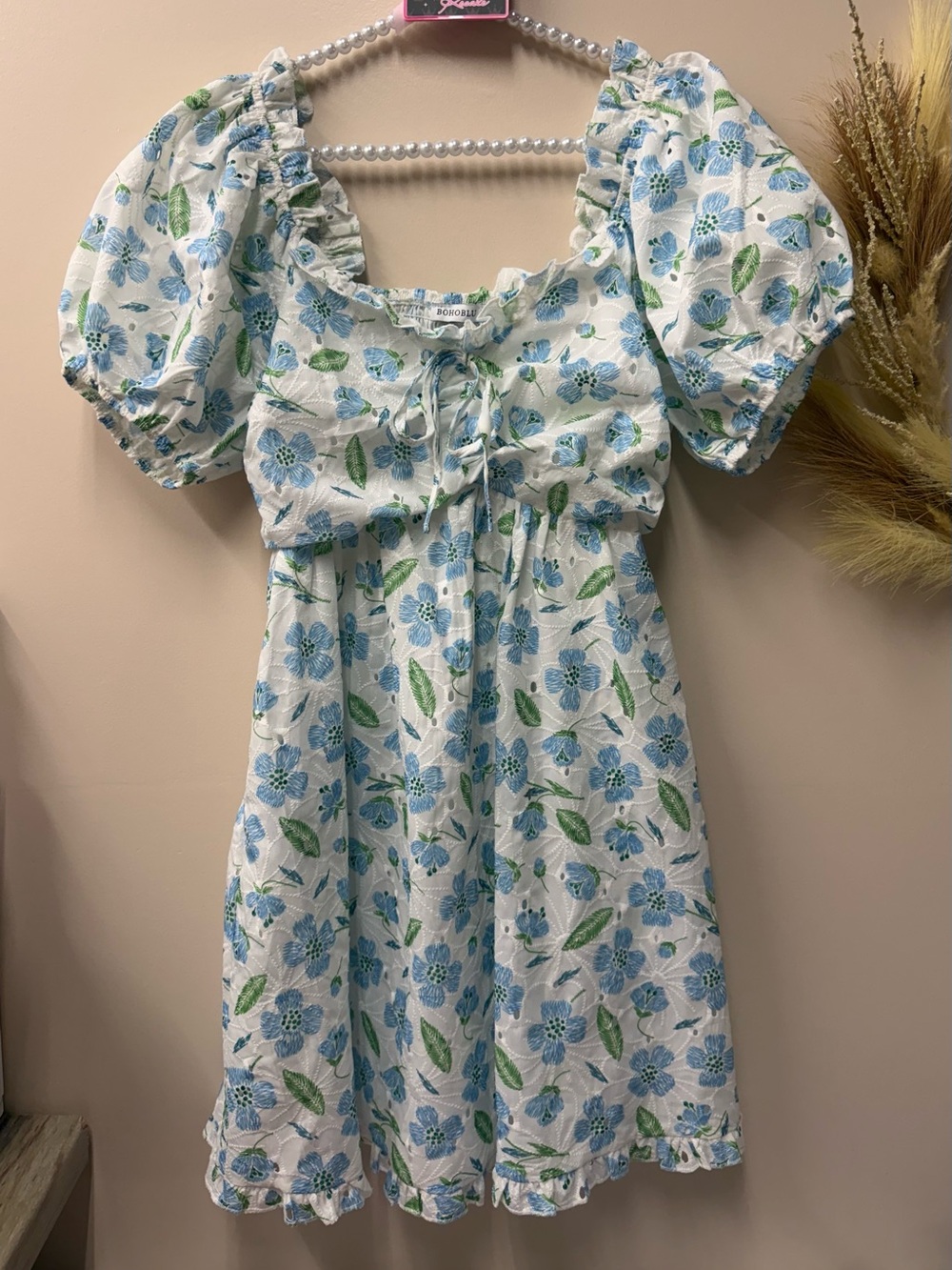 White and Blue Floral Puff-Sleeve Mini Dress